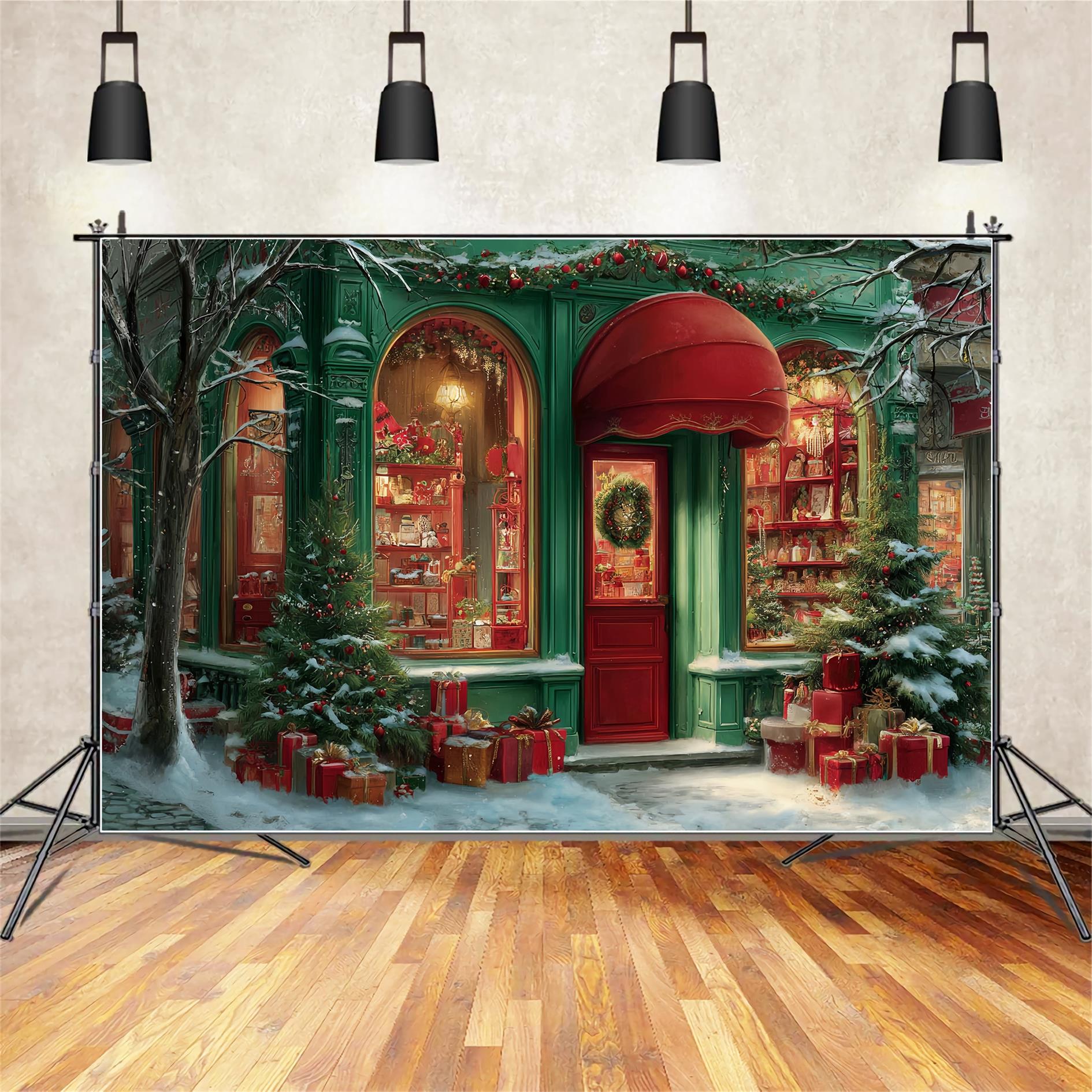 Spielzeugladen Fotohintergrund Weihnachtsboutique Rote Markise Weihnachtshintergründe für Fotos TWW59-111
