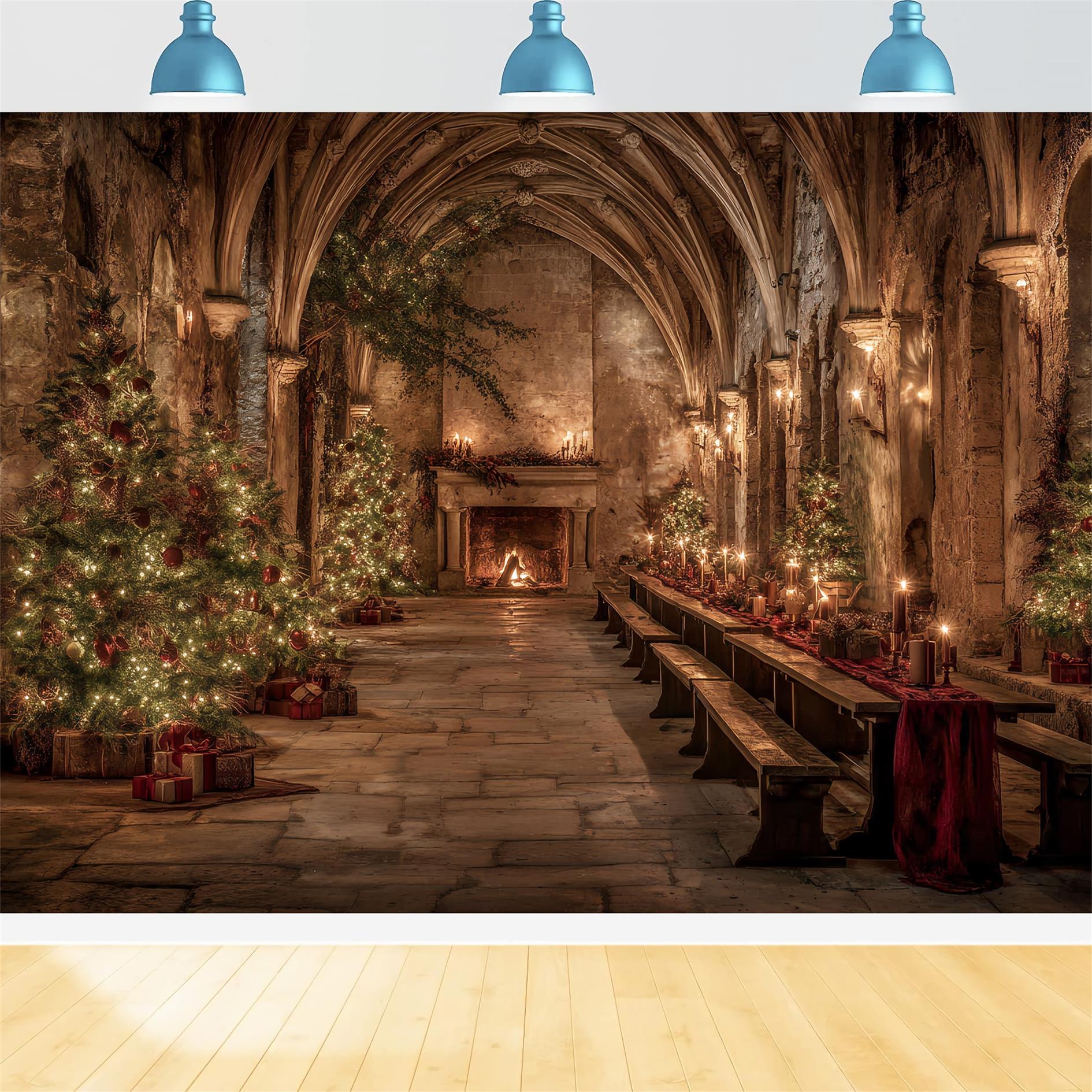 KirchenFotohintergrund Mittelalterlicher Bankettsaal Weihnachten Professionelle Weihnachtshintergründe TWW59-112