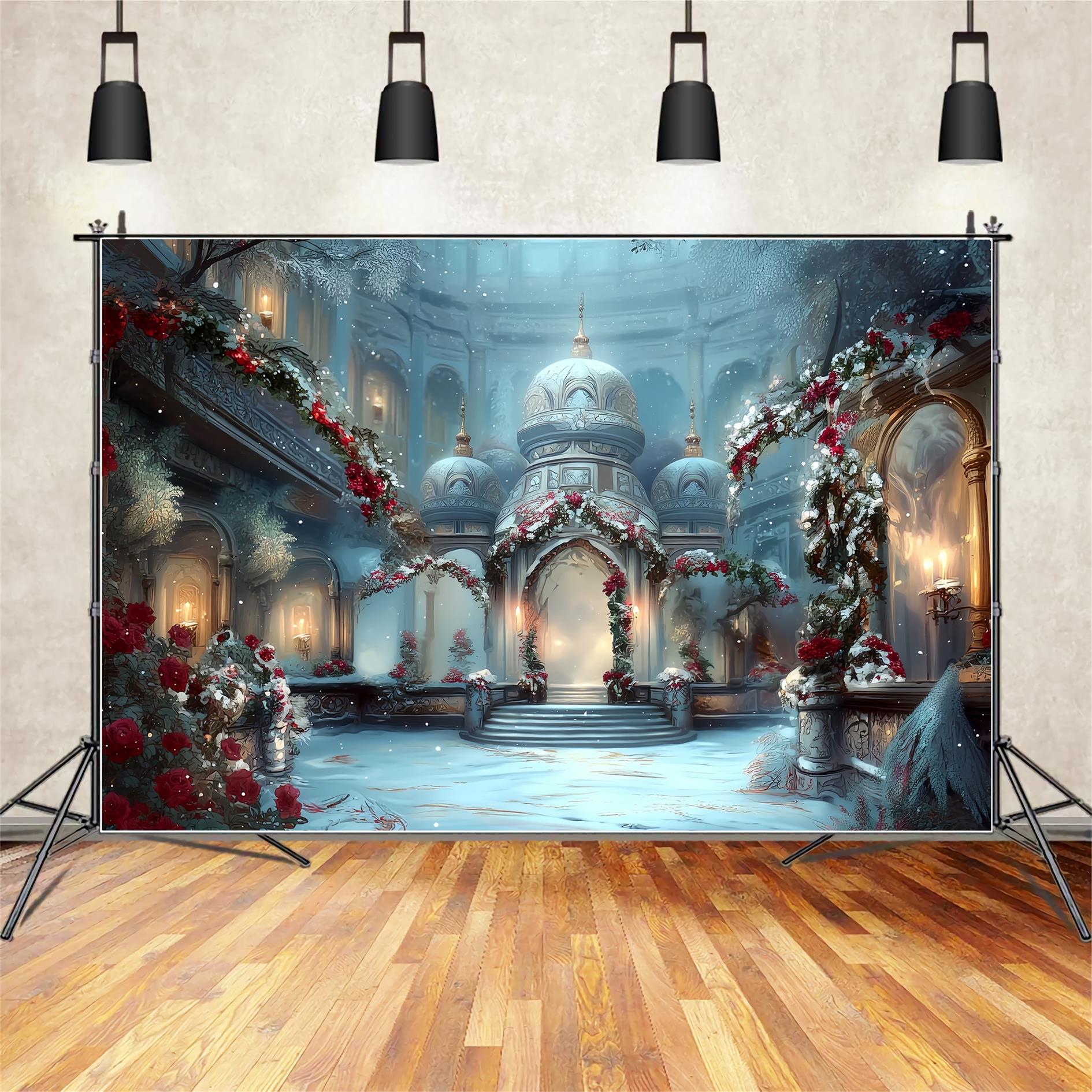 KirchenFotohintergrund Verschneiter Palast Winter Eleganz Weihnachtsfotohintergründe TWW59-115