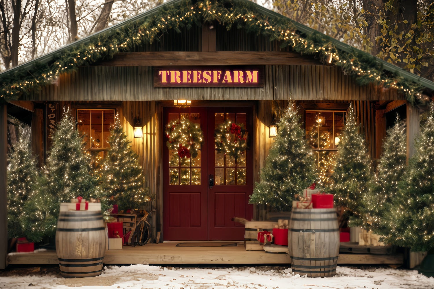 Weihnachtsbauernhof Fotohintergrund Rustikaler Baumhof-Eingang Weihnachtsfoto-Hintergründe TWW59-122