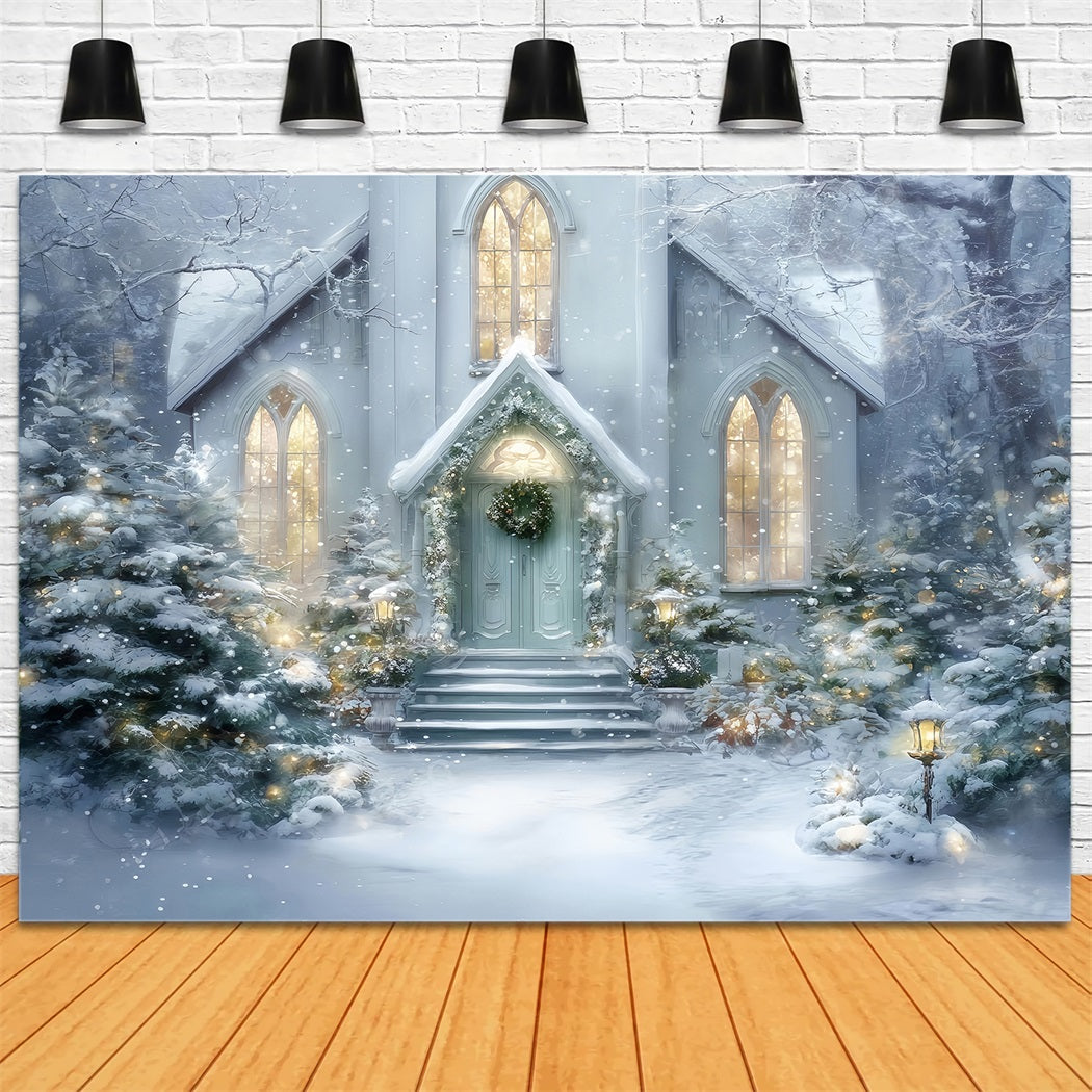 KirchenFotohintergrund Verschneiter Kircheneingang Leuchtender WeihnachtsFotohintergrund Fotografie TWW59-125