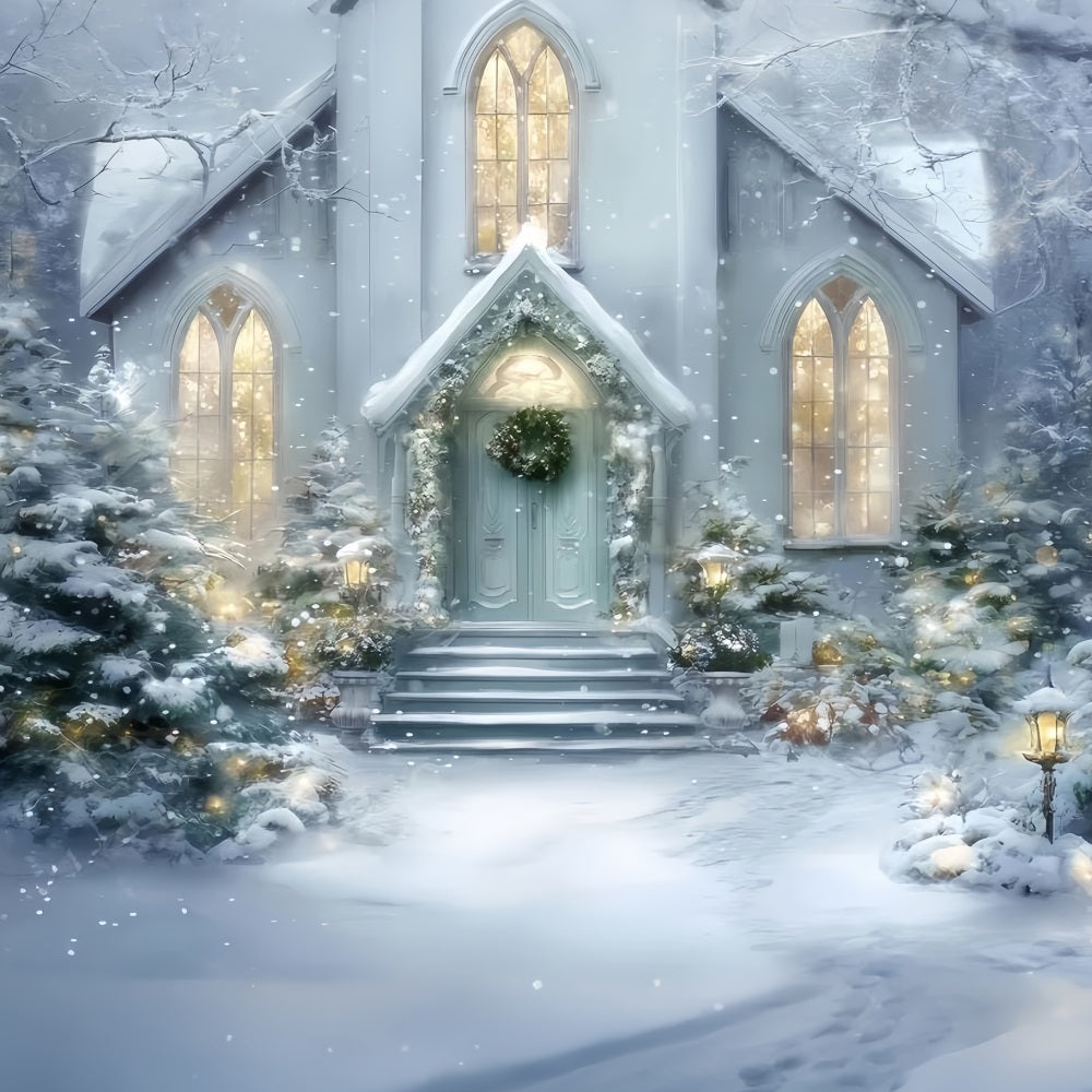 KirchenFotohintergrund Verschneiter Kircheneingang Leuchtender WeihnachtsFotohintergrund Fotografie TWW59-125