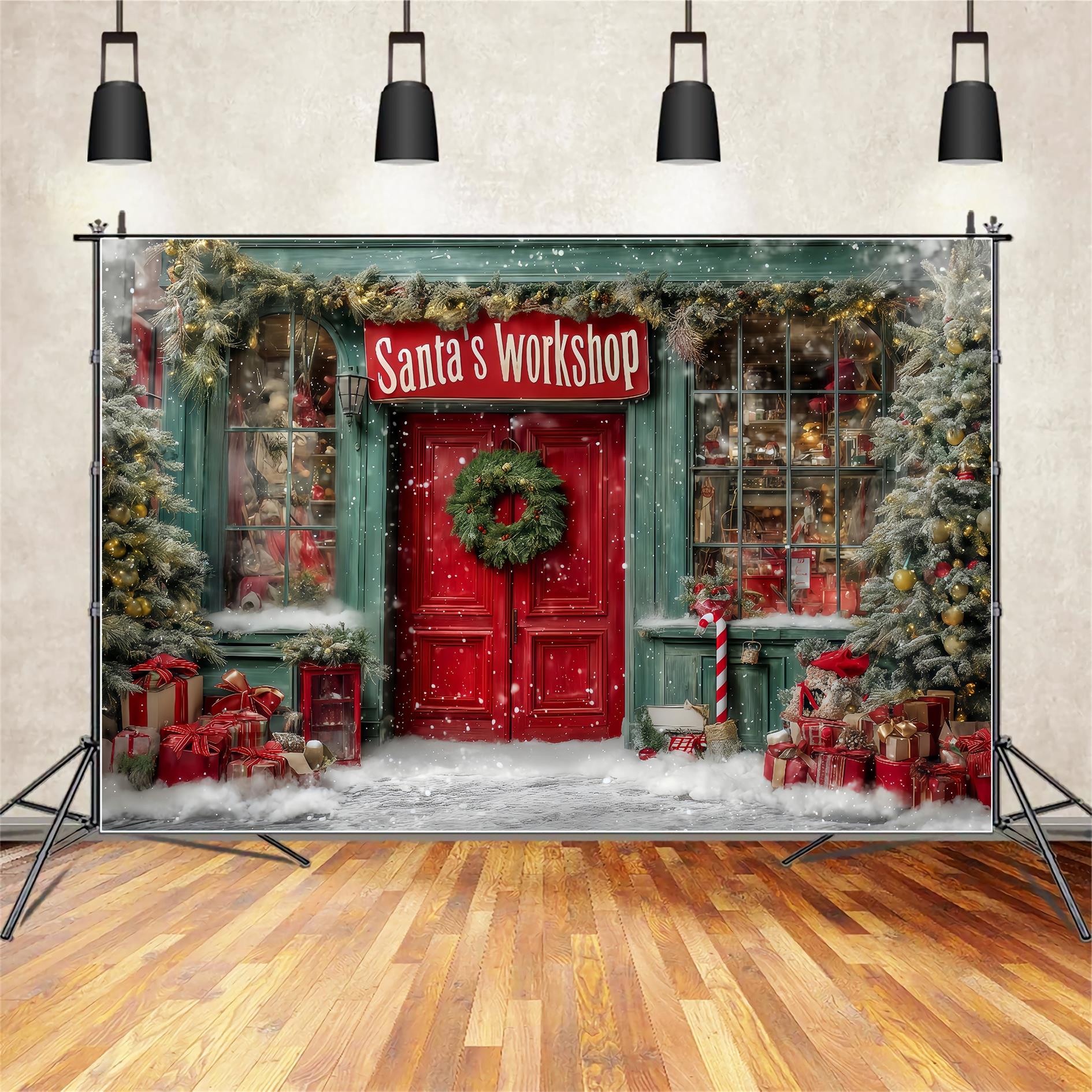 Weihnachtsmann-Werkstatt Fotohintergrund Weihnachtsmann-Werkstatt Festliche Vorderseite Weihnachtshintergründe TWW59-127