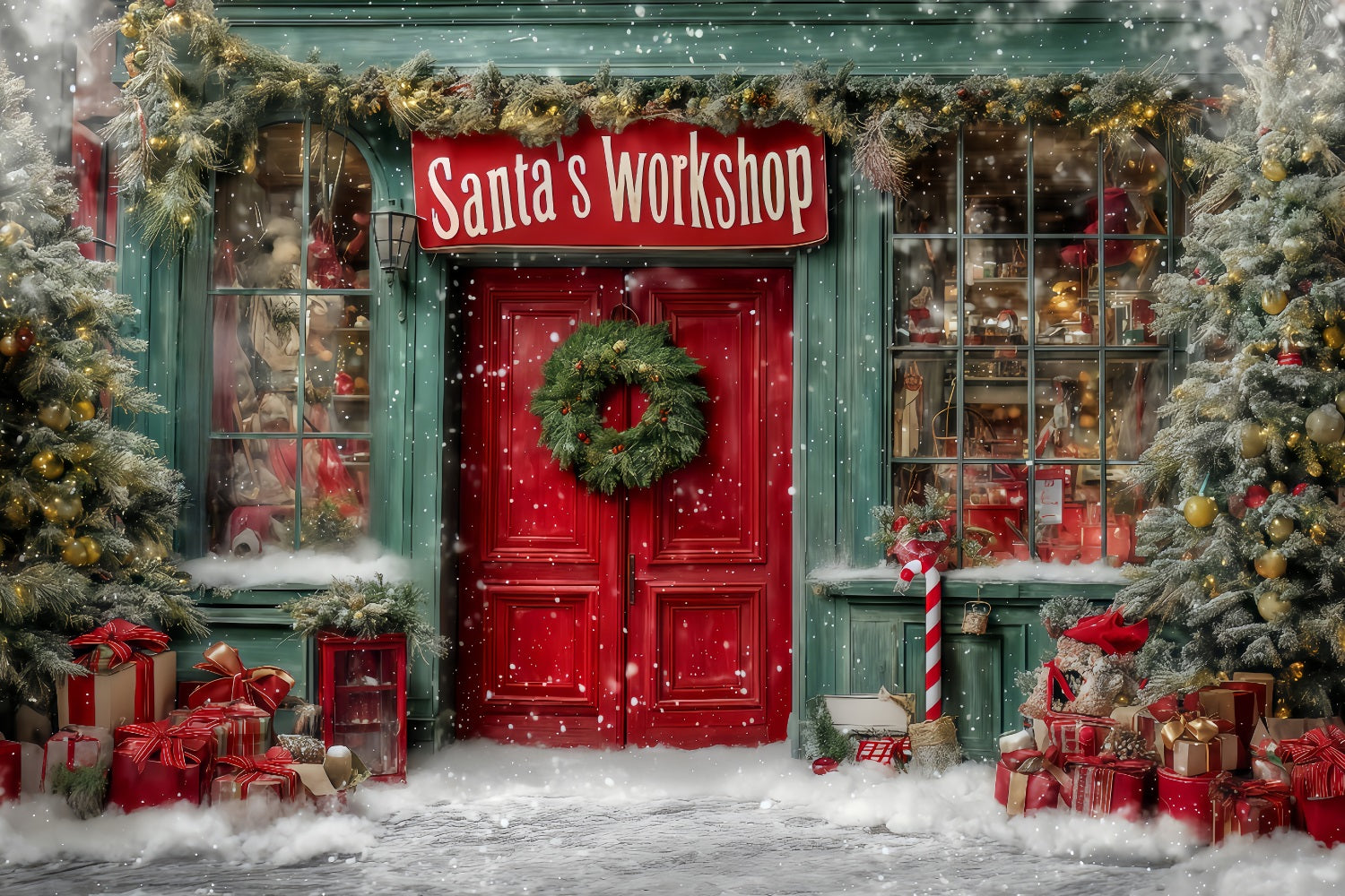 Weihnachtsmann-Werkstatt Fotohintergrund Weihnachtsmann-Werkstatt Festliche Vorderseite Weihnachtshintergründe TWW59-127