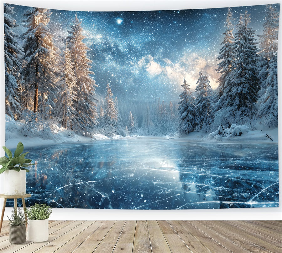 Winterwaldhintergrund Gefrorener See Sternennacht Verschneiter Waldfotohintergrund TWW59-129