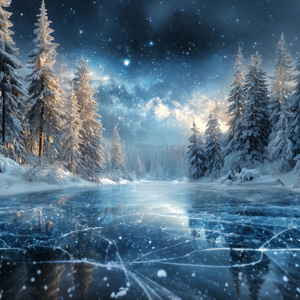 Winterwaldhintergrund Gefrorener See Sternennacht Verschneiter Waldfotohintergrund TWW59-129