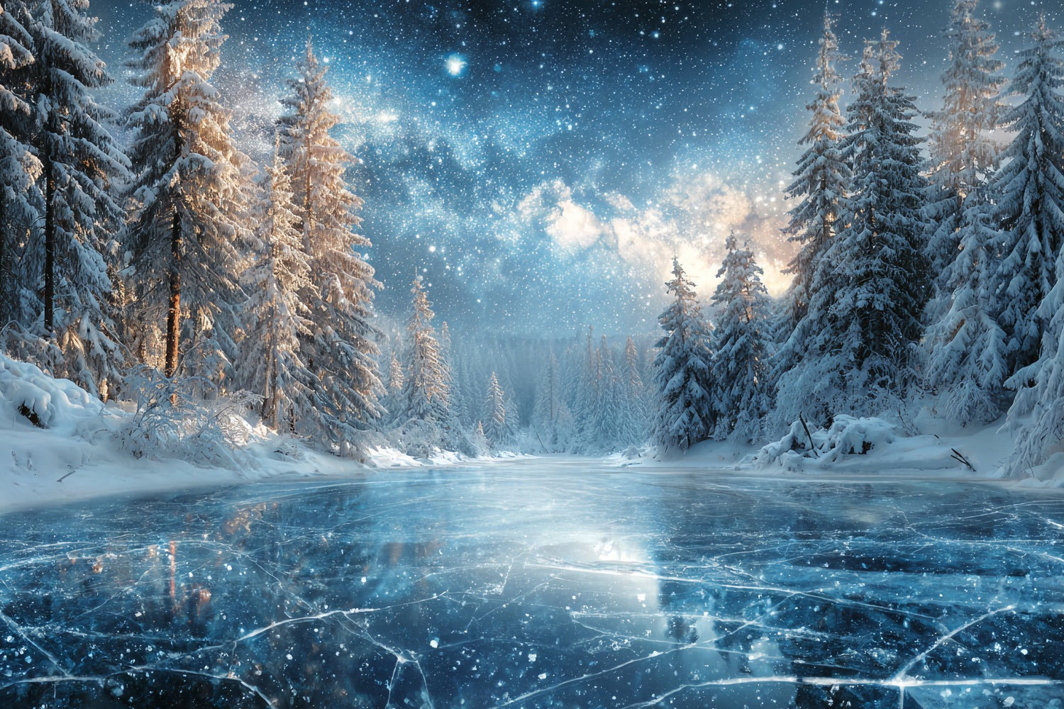 Winterwaldhintergrund Gefrorener See Sternennacht Verschneiter Waldfotohintergrund TWW59-129