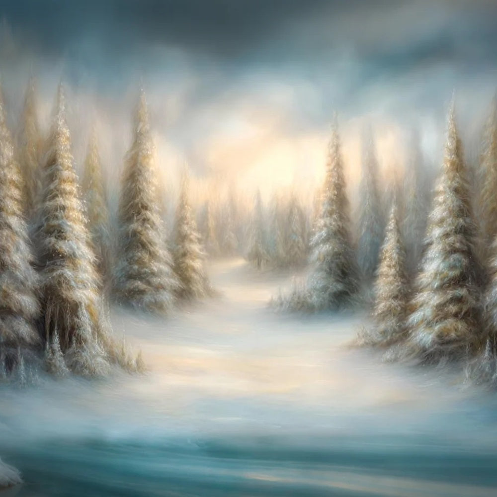 Kiefernwald-Fotohintergrund Verträumte bemalte verschneite Kiefern Wald-Fotohintergrund TWW59-135