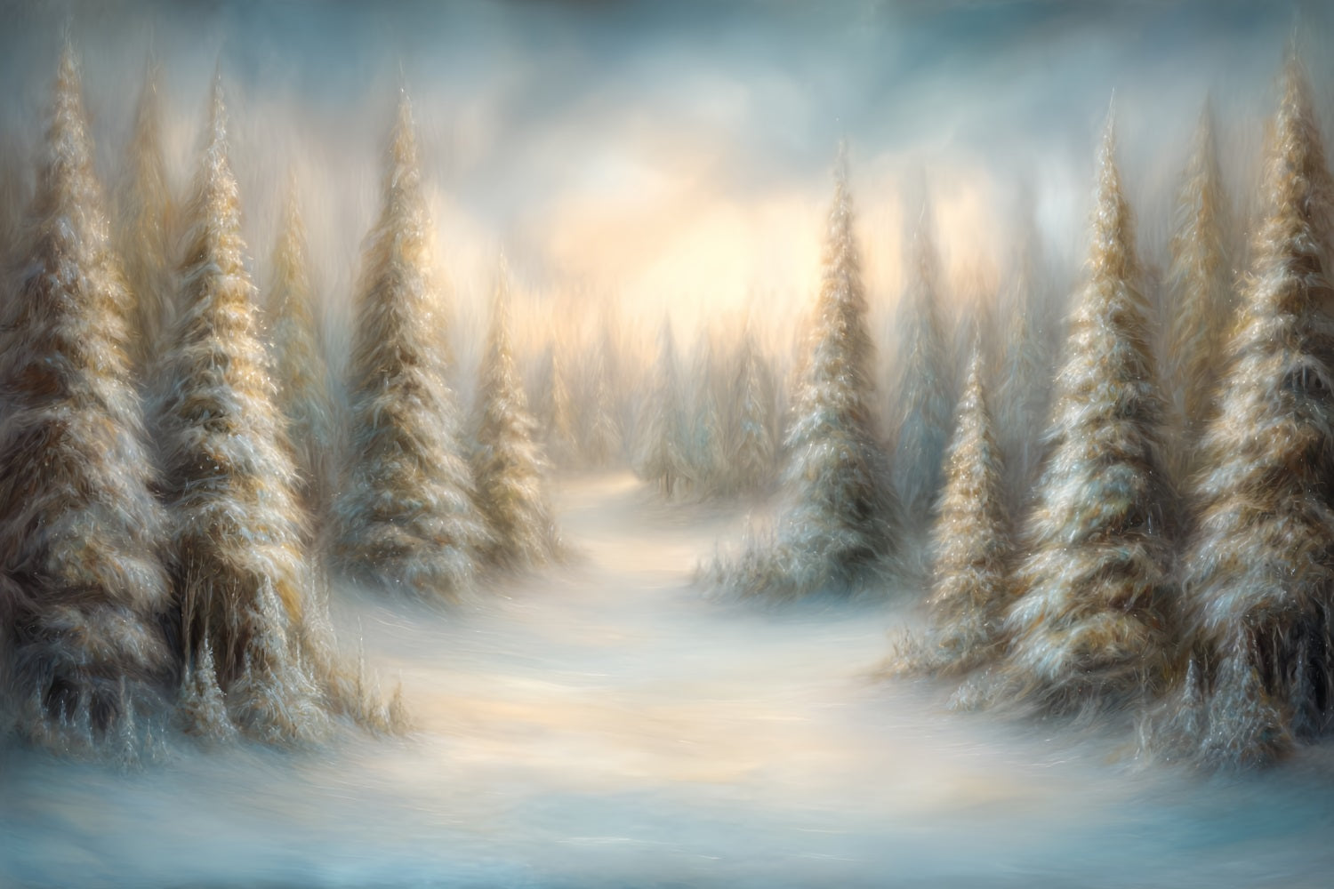 Kiefernwald-Fotohintergrund Verträumte bemalte verschneite Kiefern Wald-Fotohintergrund TWW59-135