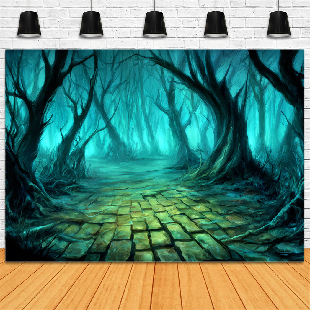 Spukwald-Fotohintergrund Verdrehte Bäume Mystischer Pfad Gruseliger Wald-Fotohintergrund TWW59-136