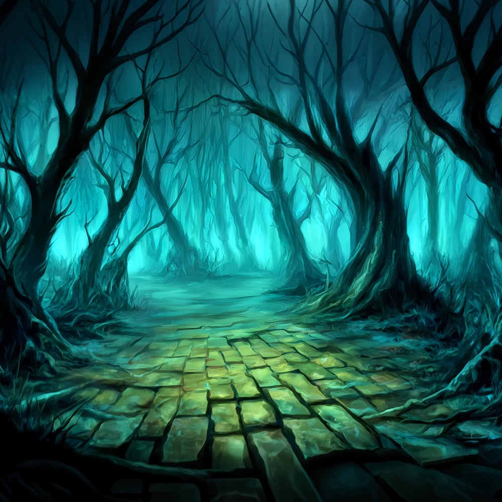 Spukwald-Fotohintergrund Verdrehte Bäume Mystischer Pfad Gruseliger Wald-Fotohintergrund TWW59-136