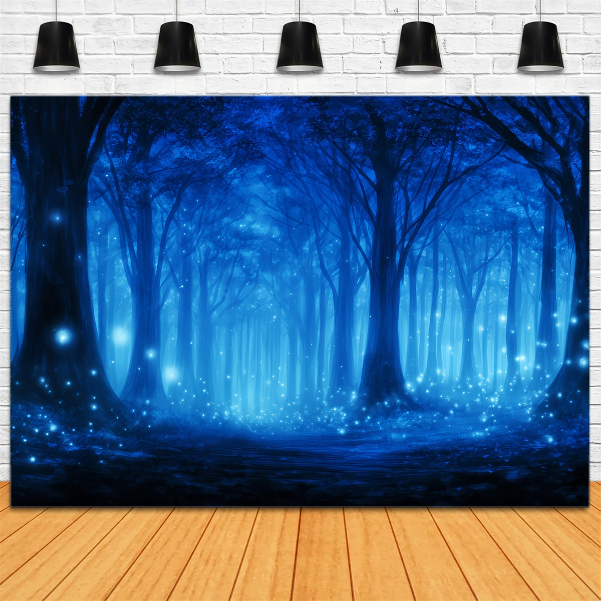 Dunkler Wald-Fotohintergrund Blauer verzauberter Wald mit Glühwürmchen Nachtwald-Fotohintergrund TWW59-140