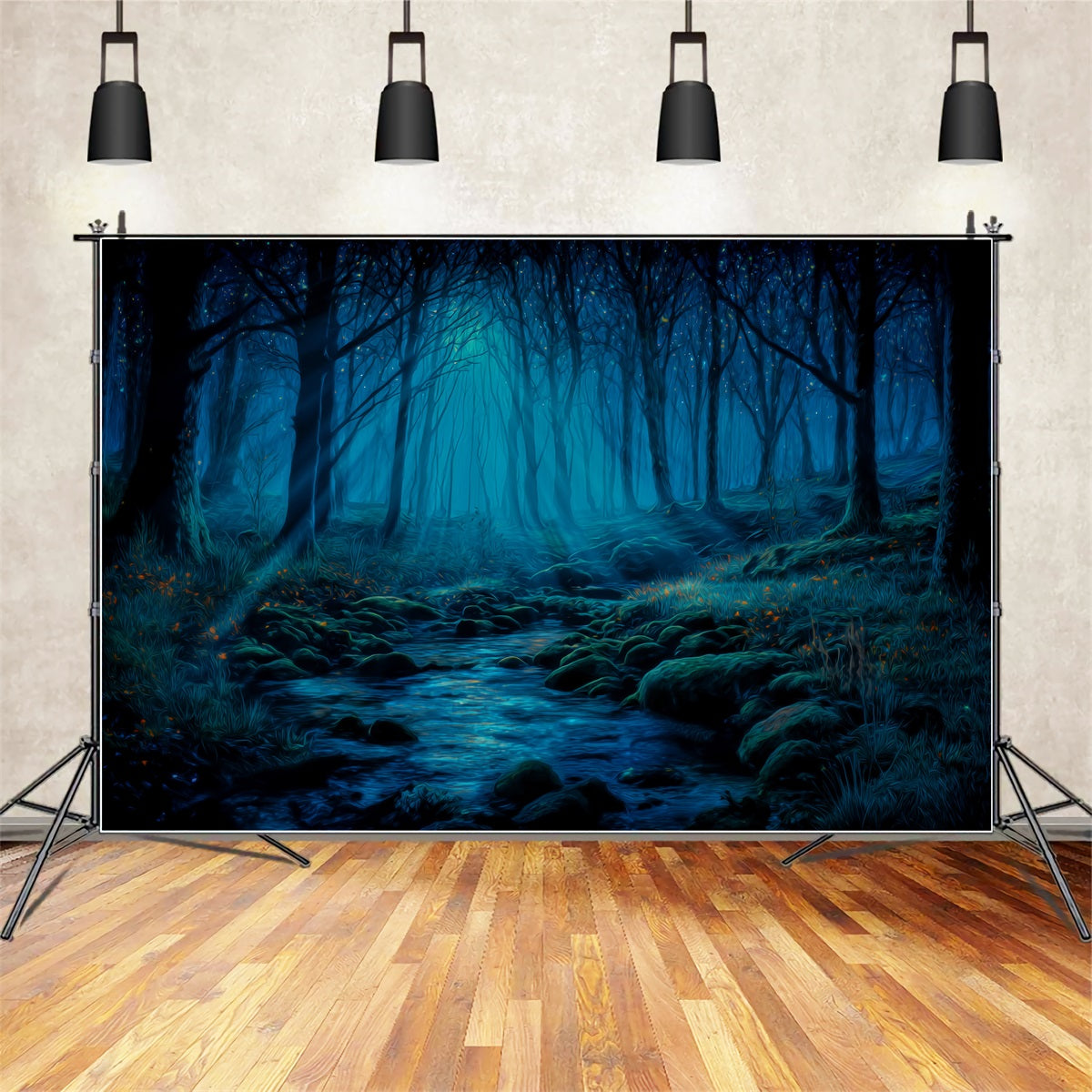 Spukwald-Fotohintergrund Mondbeschienener Bach Mystischer Wald-Fotohintergrund TWW59-142