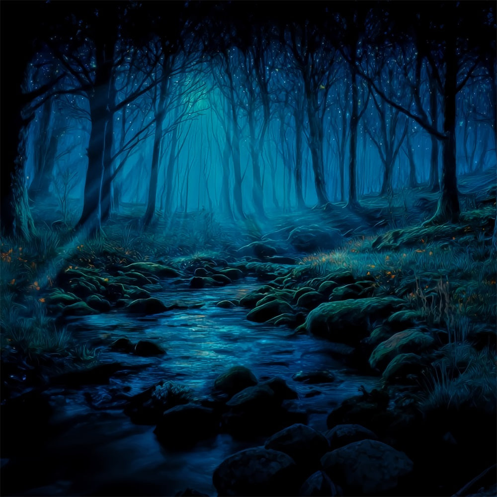 Spukwald-Fotohintergrund Mondbeschienener Bach Mystischer Wald-Fotohintergrund TWW59-142