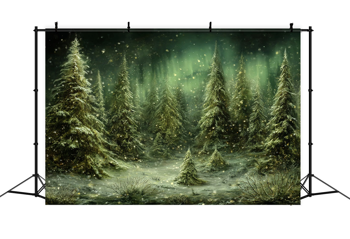 Kiefernwald-Fotohintergrund Verschneite Bäume Nordlichter Verschneiter Wald-Fotohintergrund TWW59-143