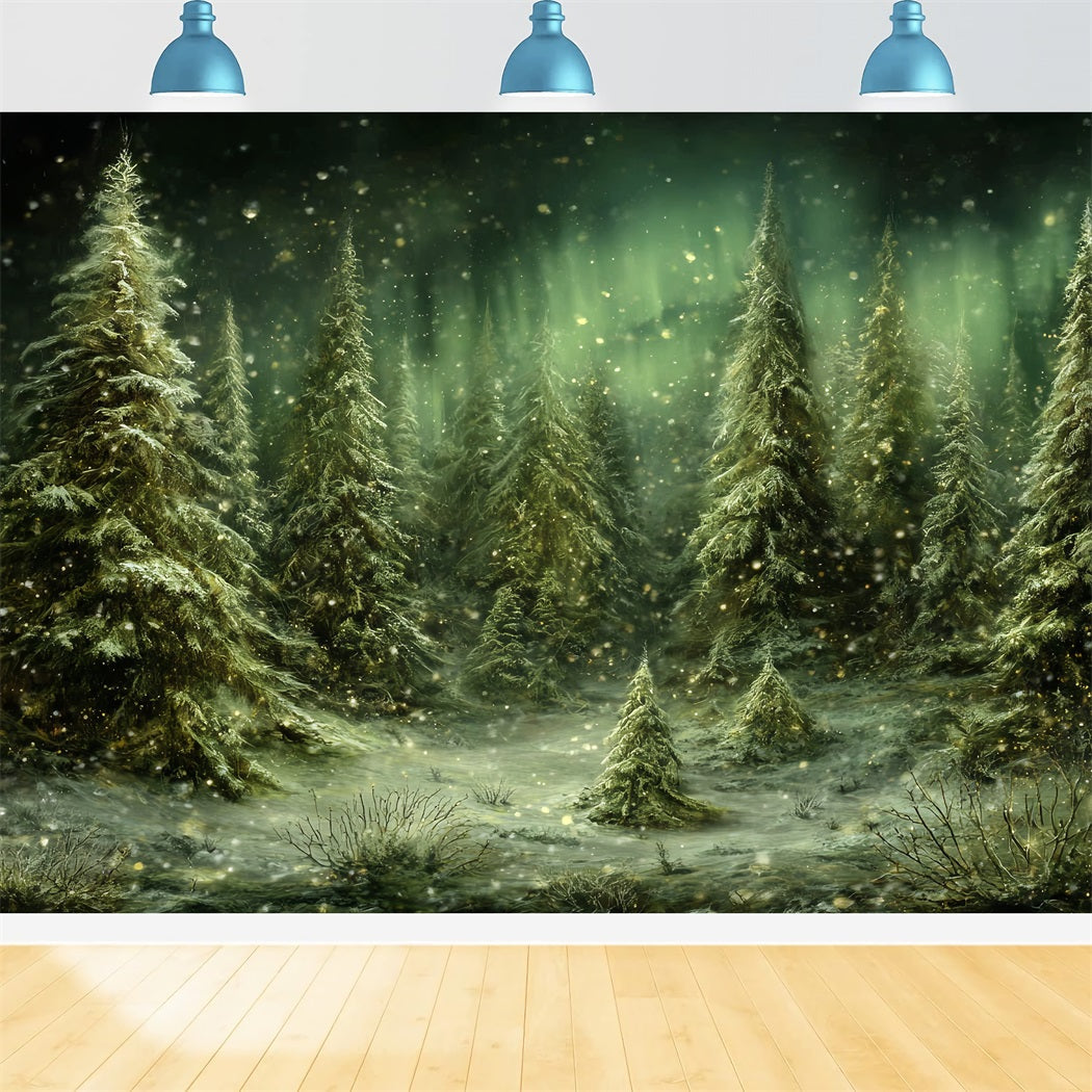 Kiefernwald-Fotohintergrund Verschneite Bäume Nordlichter Verschneiter Wald-Fotohintergrund TWW59-143
