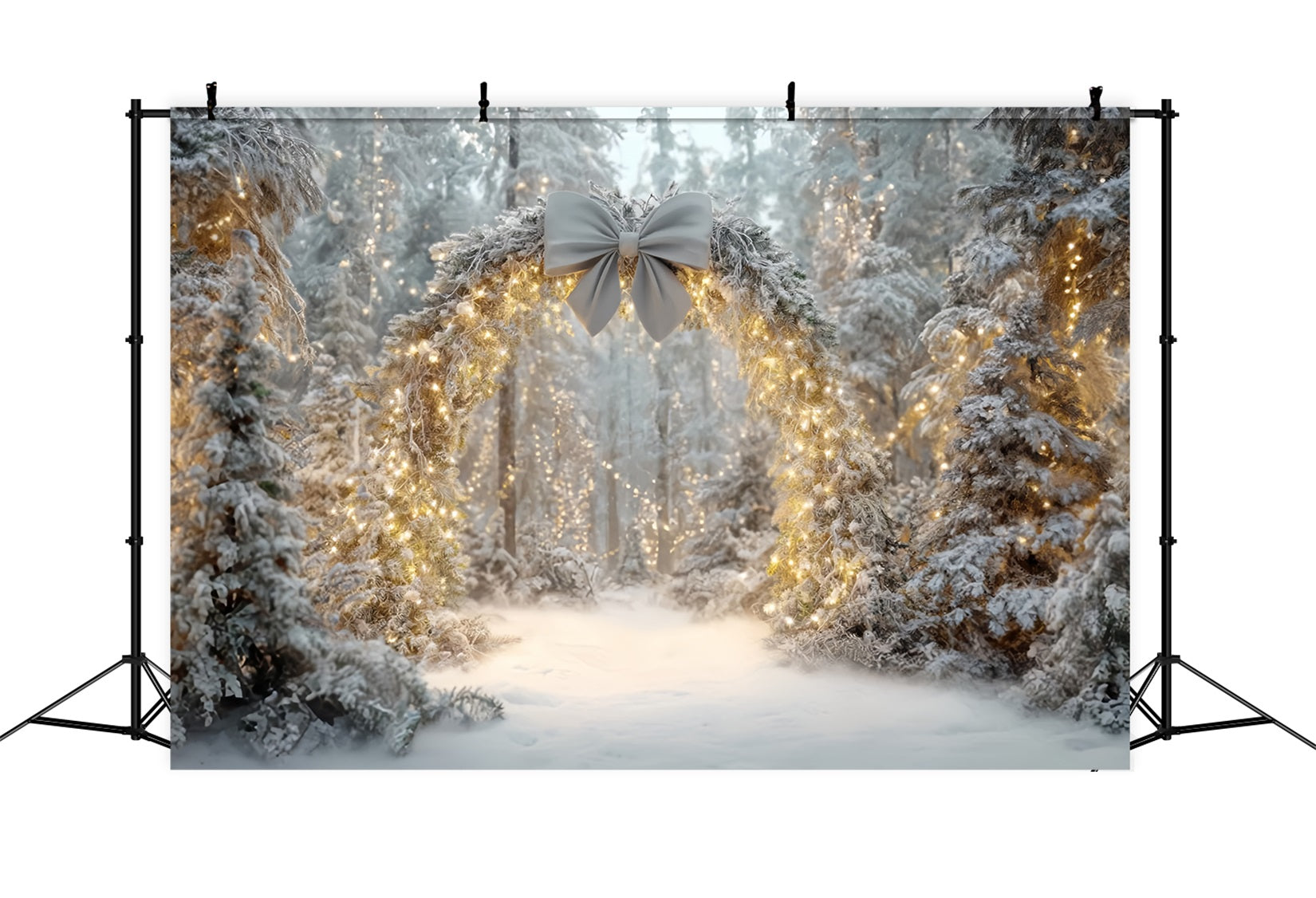Weihnachtswald-Fotohintergrund Schneebedeckter Bogen Funkelnde Lichter Fantasiewald-Fotohintergrund TWW59-145