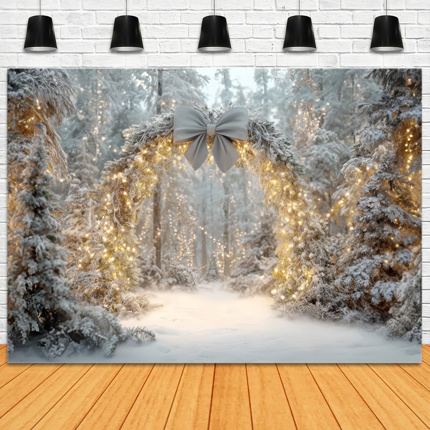 Weihnachtswald-Fotohintergrund Schneebedeckter Bogen Funkelnde Lichter Fantasiewald-Fotohintergrund TWW59-145