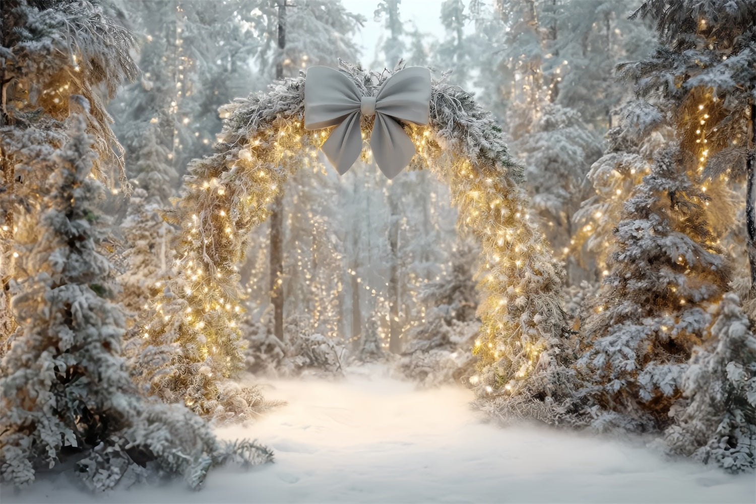 Weihnachtswald-Fotohintergrund Schneebedeckter Bogen Funkelnde Lichter Fantasiewald-Fotohintergrund TWW59-145