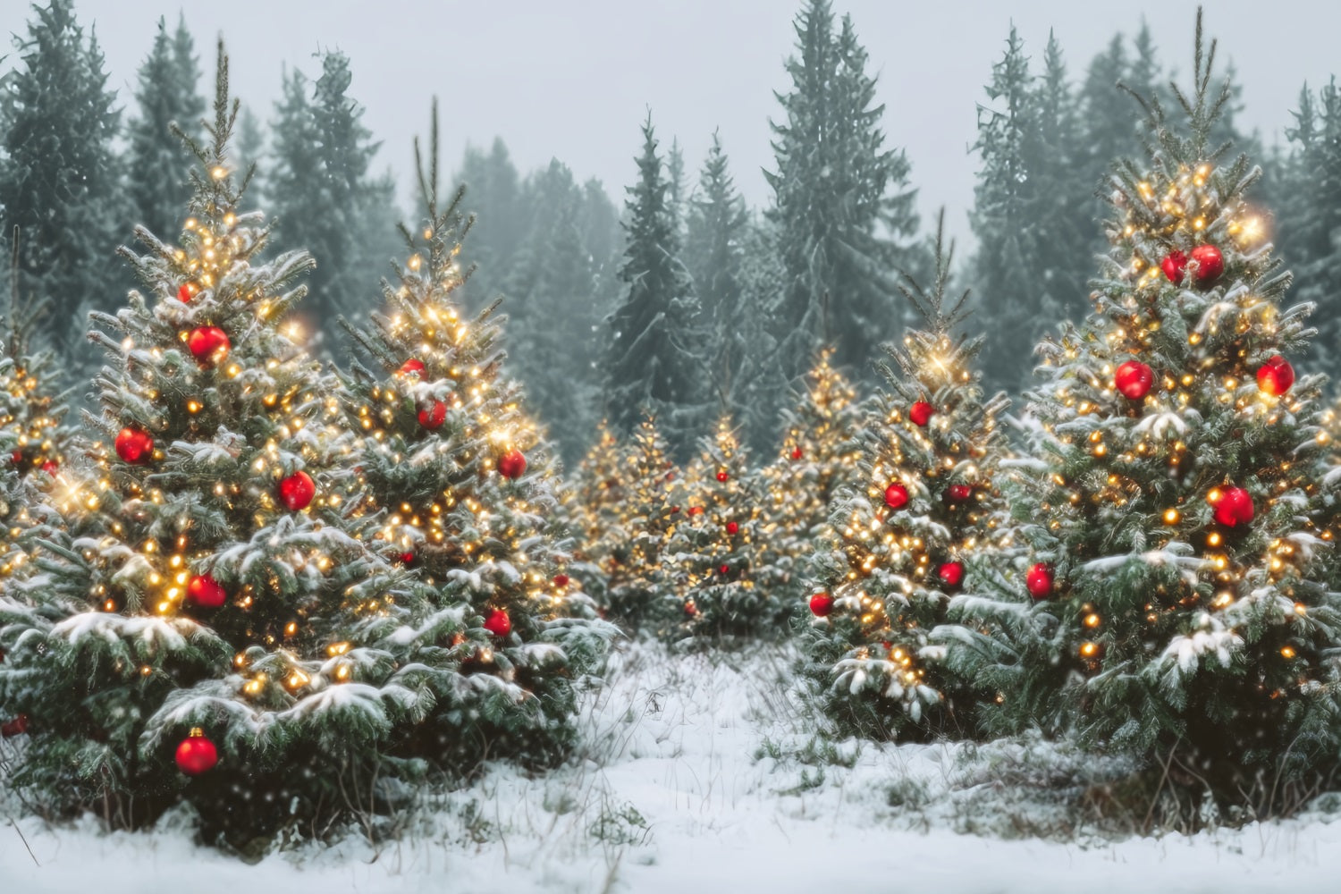 Weihnachtswald-Fotohintergrund Schneebedeckte Bäume Goldene Ornamente Kiefernwald-Fotohintergrund TWW59-147