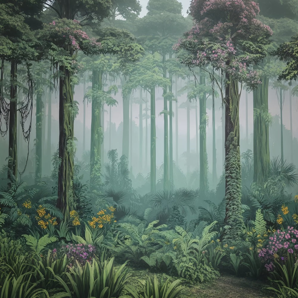 Regenwald-Fotohintergrund Nebeliger Dschungel Tropisches Grün Wald-Fotohintergrund TWW59-152