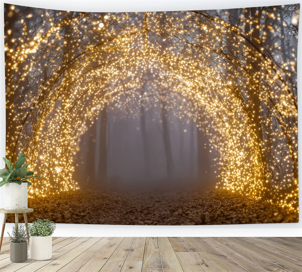 Nachtwaldhintergrund Goldene Lichter Verzauberter Bogen Fantasiewald-Fotohintergrund TWW59-154