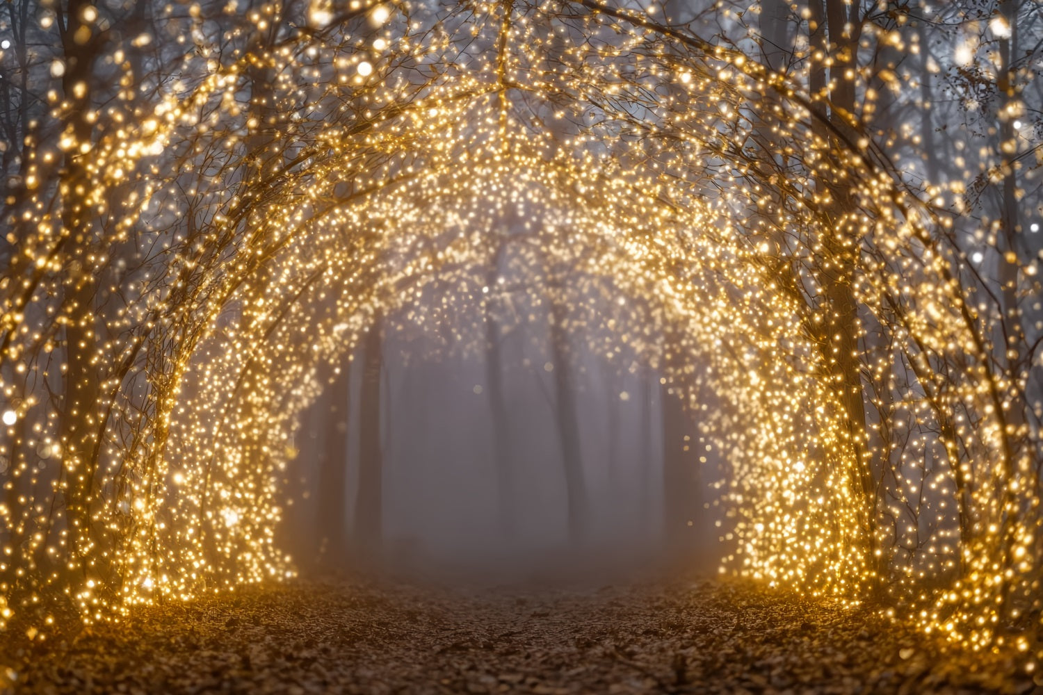 Nachtwaldhintergrund Goldene Lichter Verzauberter Bogen Fantasiewald-Fotohintergrund TWW59-154