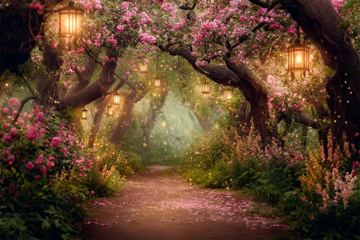 Nachtwaldhintergrund Blühender Laternenblumenweg Wald-Fotohintergrund TWW59-155