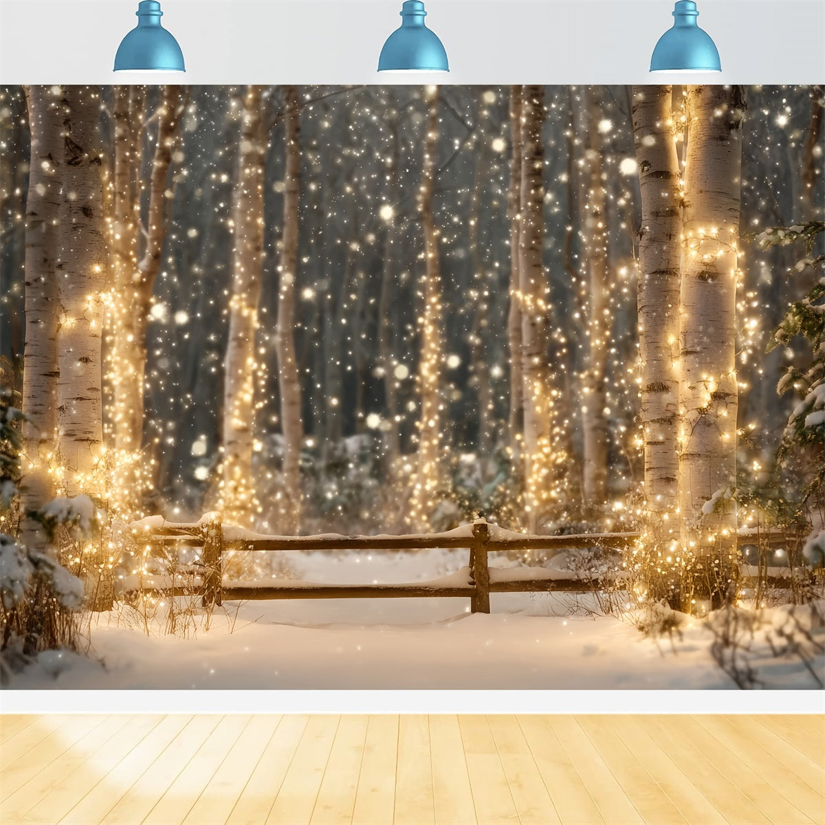 Nachtwald-Fotohintergrund Verschneite Birken Funkelnde Lichter Winterwald-Fotohintergrund TWW59-157