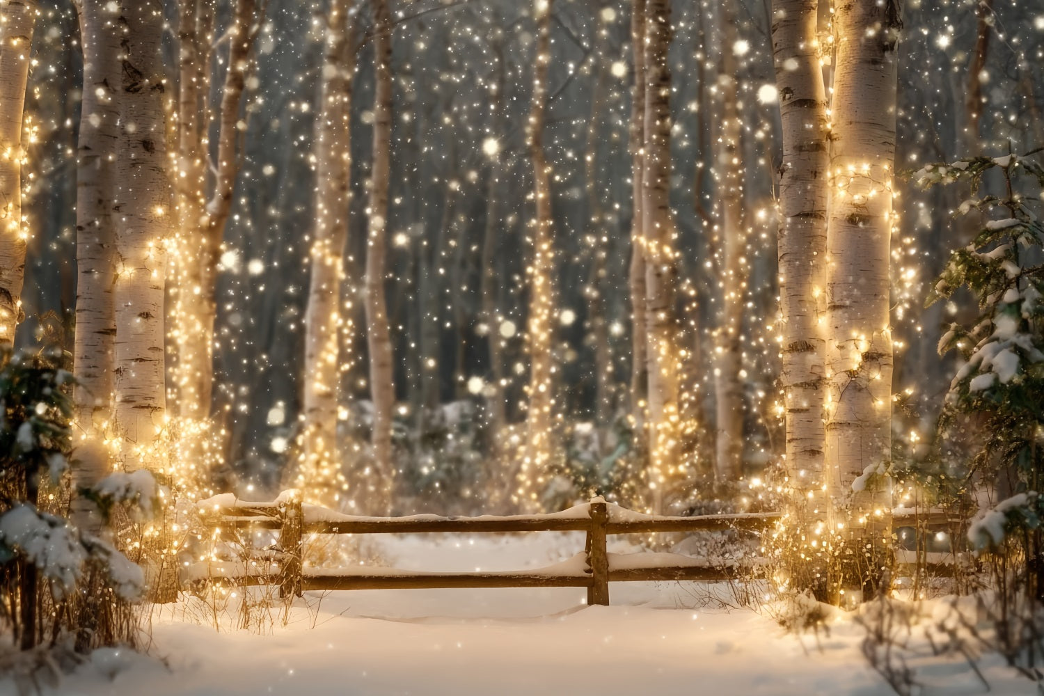 Nachtwald-Fotohintergrund Verschneite Birken Funkelnde Lichter Winterwald-Fotohintergrund TWW59-157