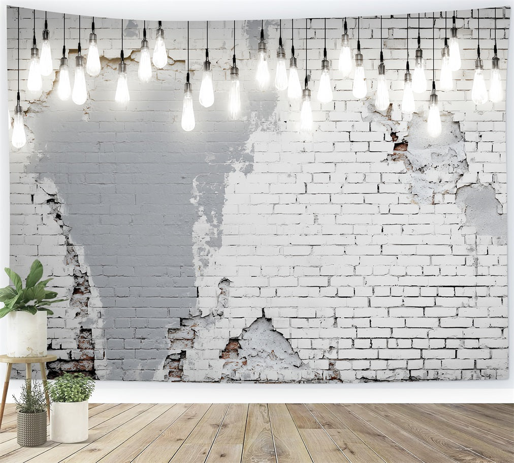 Weißer Ziegelwand-Fotohintergrund Hängende Glühbirnen Distressed White Wall Brick Backdrop TWW59-162