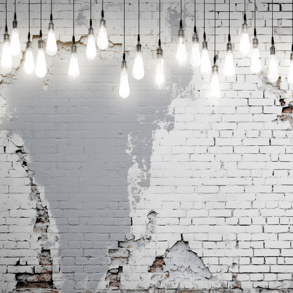 Weißer Ziegelwand-Fotohintergrund Hängende Glühbirnen Distressed White Wall Brick Backdrop TWW59-162
