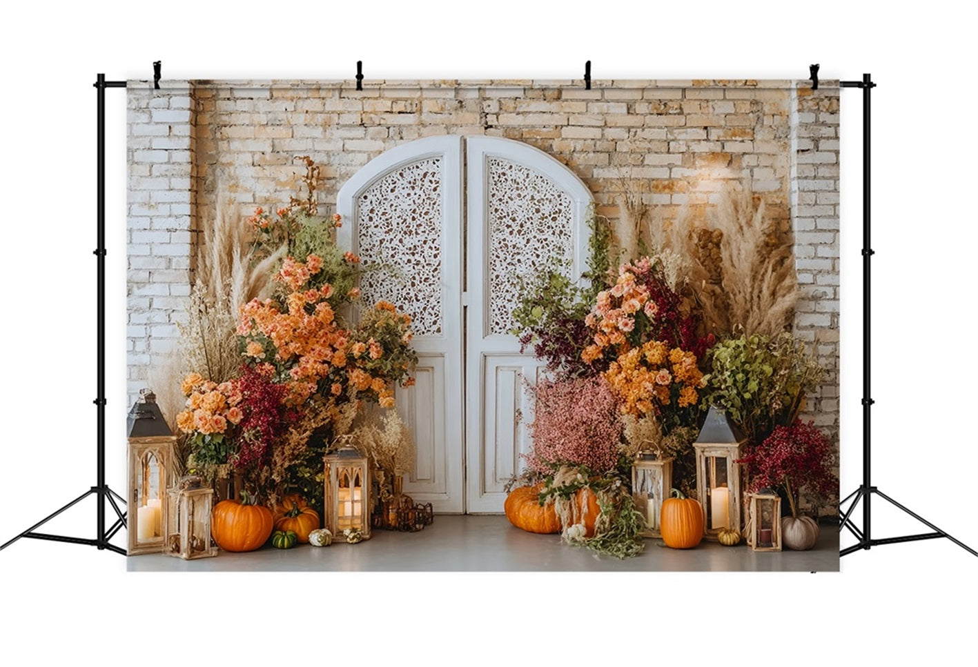 Ziegelstein-Fotohintergrund mit Blumen und Kürbissen Vintage-Tür Ziegelsteinwand-Fotohintergrund TWW59-163