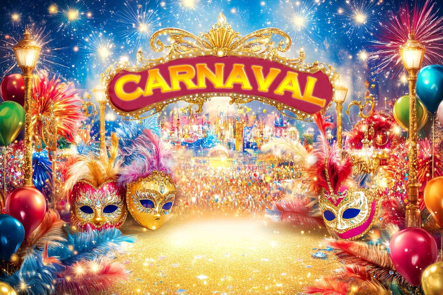 Maskenkarneval-Fotohintergrund Goldene Masken Feuerwerk Karneval-Fotohintergrund TWW59-17