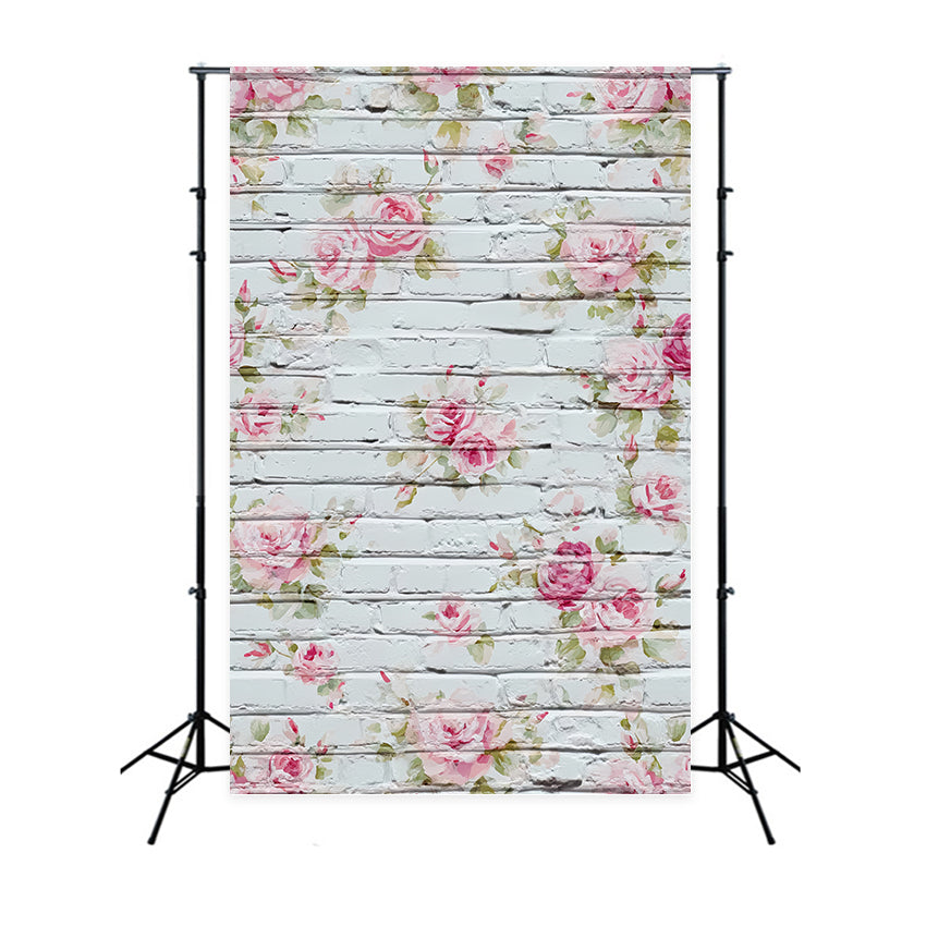 Ziegelhintergründe Weiß getünchte, mit Blumen bemalte Rosen Ziegelwand-Fotohintergrund TWW59-173
