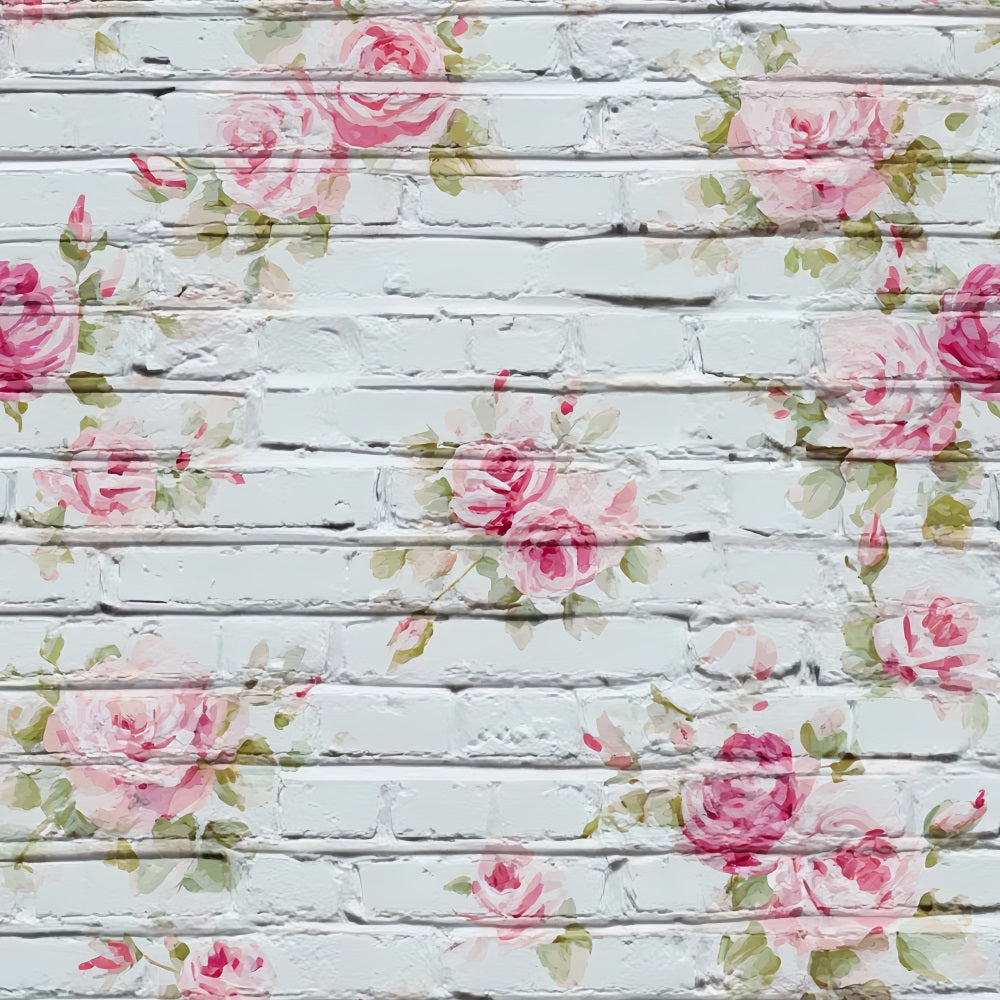 Ziegelhintergründe Weiß getünchte, mit Blumen bemalte Rosen Ziegelwand-Fotohintergrund TWW59-173