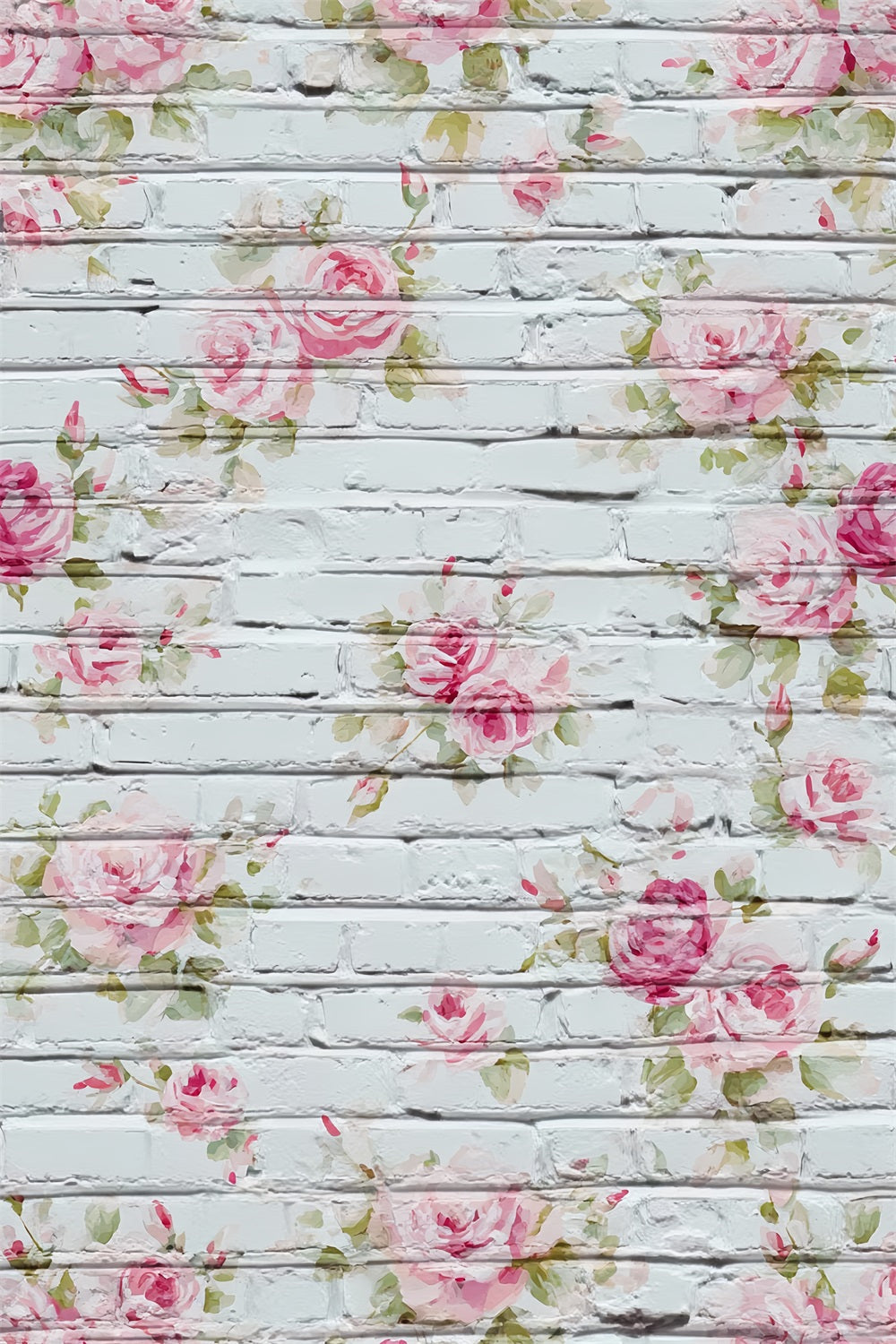 Ziegelhintergründe Weiß getünchte, mit Blumen bemalte Rosen Ziegelwand-Fotohintergrund TWW59-173