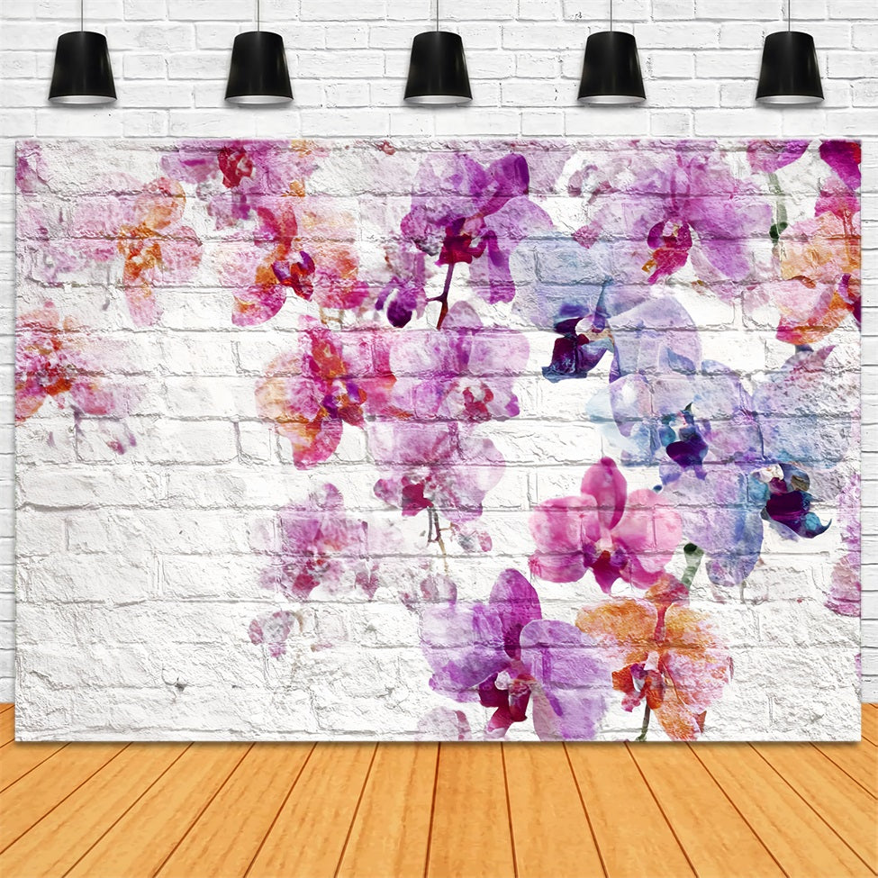 Ziegelstein-Kulissen Weiße Wand Aquarell Orchideenmuster Ziegelsteinwand-Kulisse TWW59-182