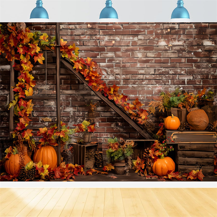 Ziegelwand-Studiohintergründe Herbstkürbisse Ahornblätter Ziegelhintergrund TWW59-195