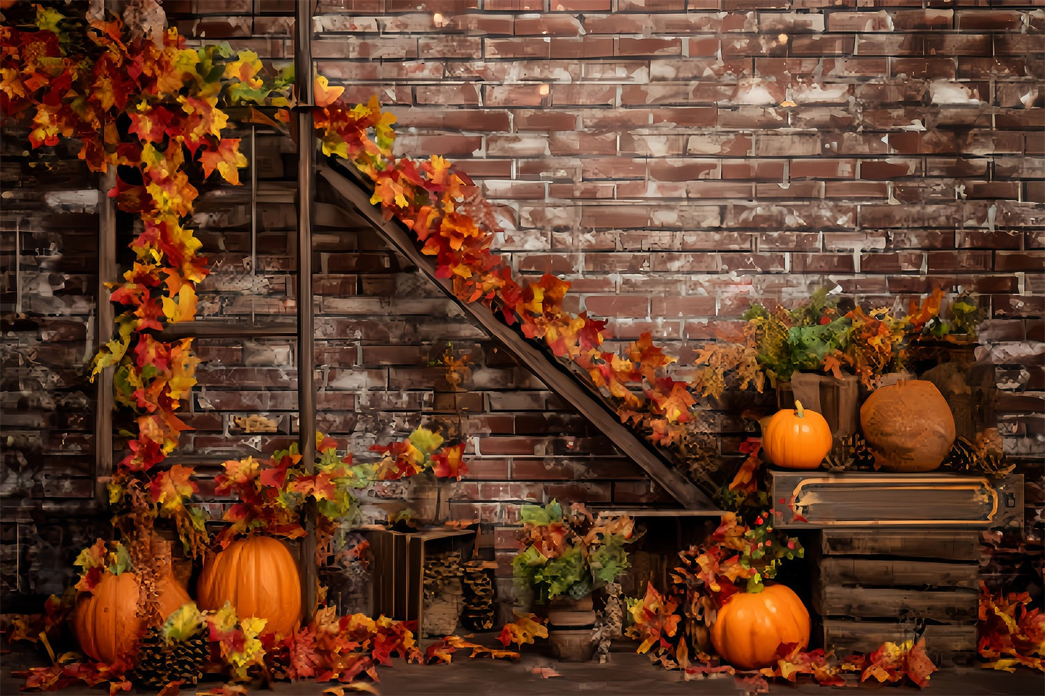 Ziegelwand-Studiohintergründe Herbstkürbisse Ahornblätter Ziegelhintergrund TWW59-195