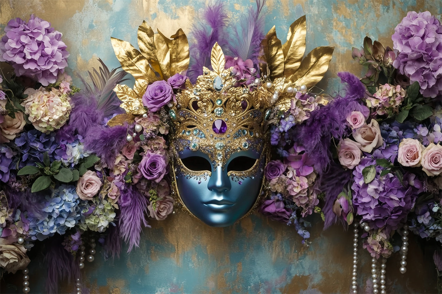 Maskenkarneval-Fotohintergrund Blaue Maske Lila Blumen Eleganz Karnevalshintergründe TWW59-22