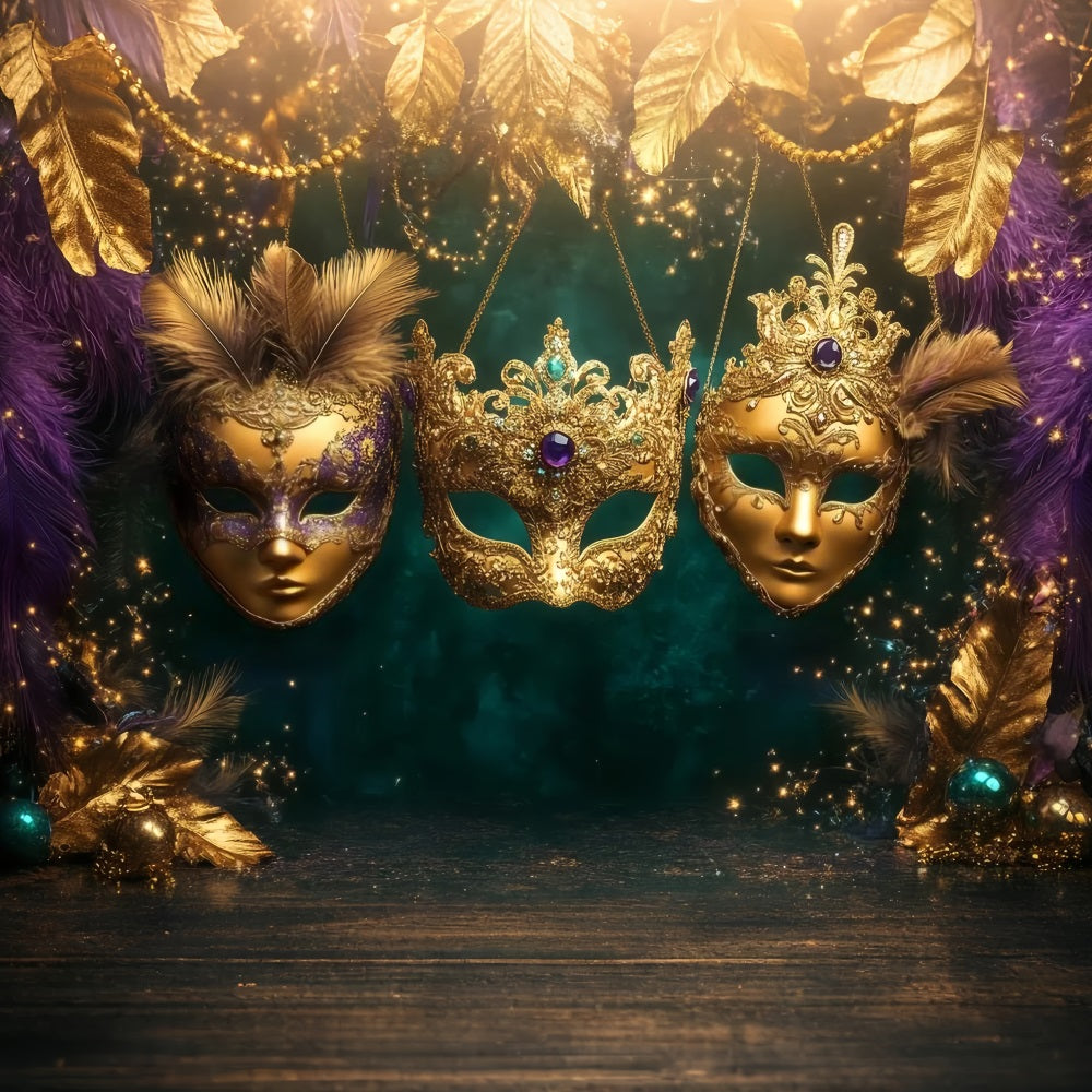 Maskenkarneval-Fotohintergrund Goldenes gefiedertes Maskenball-Trio Karneval-Fotohintergrund-Ideen TWW59-25