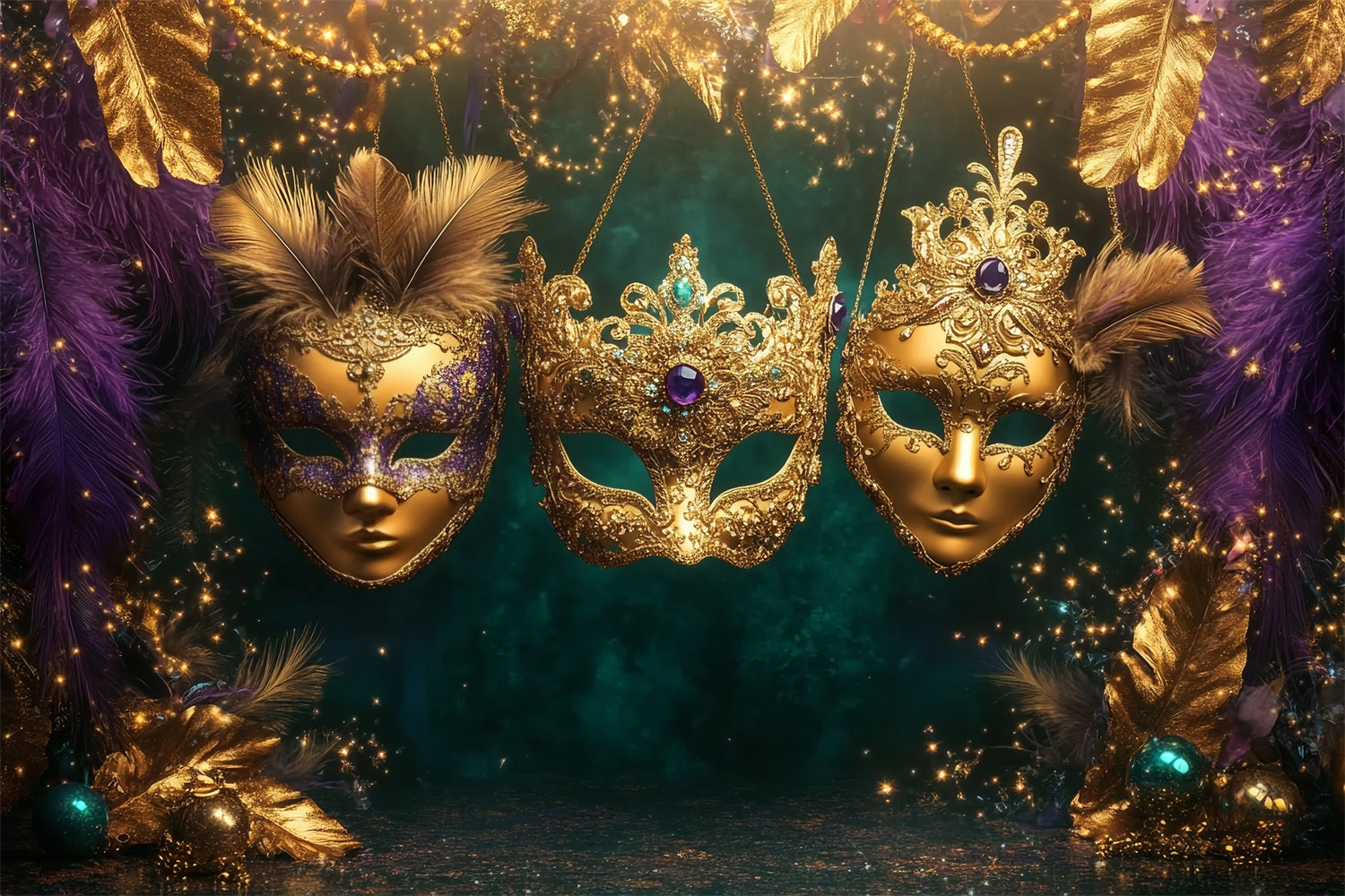 Maskenkarneval-Fotohintergrund Goldenes gefiedertes Maskenball-Trio Karneval-Fotohintergrund-Ideen TWW59-25