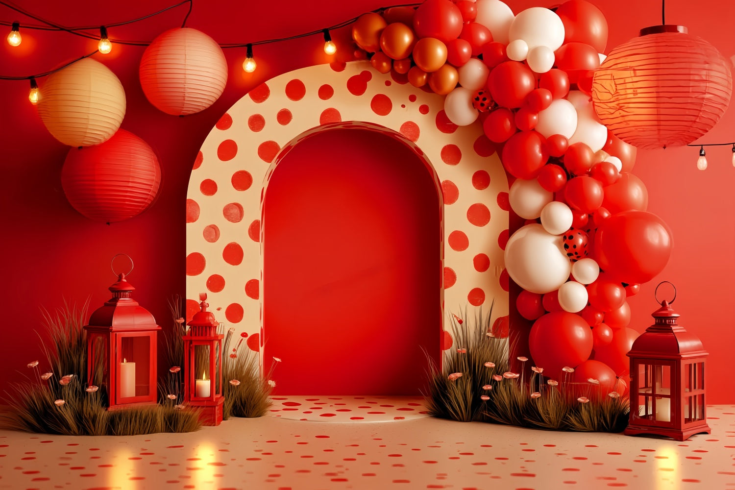 Smash Cake Fotohintergrund Rote Laternen Polka Feier Cake Smash Fotografie Fotohintergrund TWW59-251