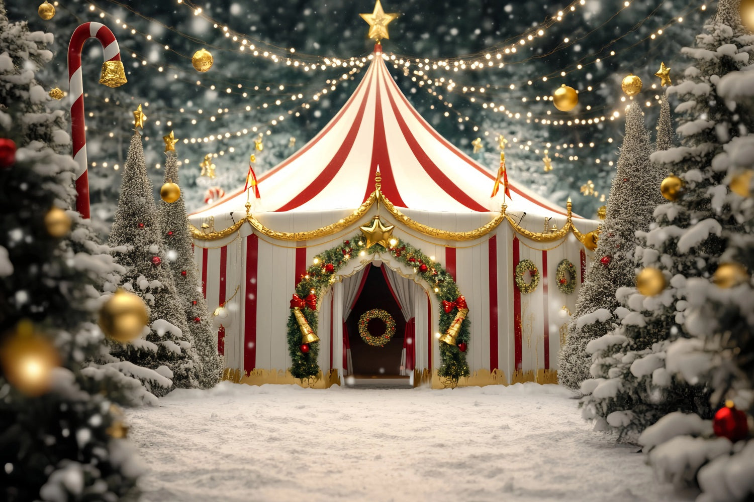 Weihnachtszirkus-Fotohintergrund Goldener Stern Festliches Zirkuszelt Karnevalsfotohintergrund TWW59-32