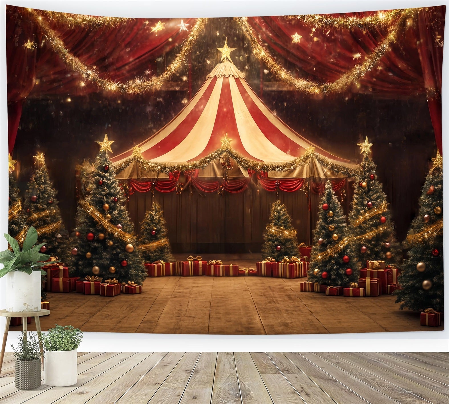 Weihnachtszirkus-Fotohintergrund Goldene Sternengirlande Zirkuszelt Fotografie Zirkusfotohintergrund TWW59-34