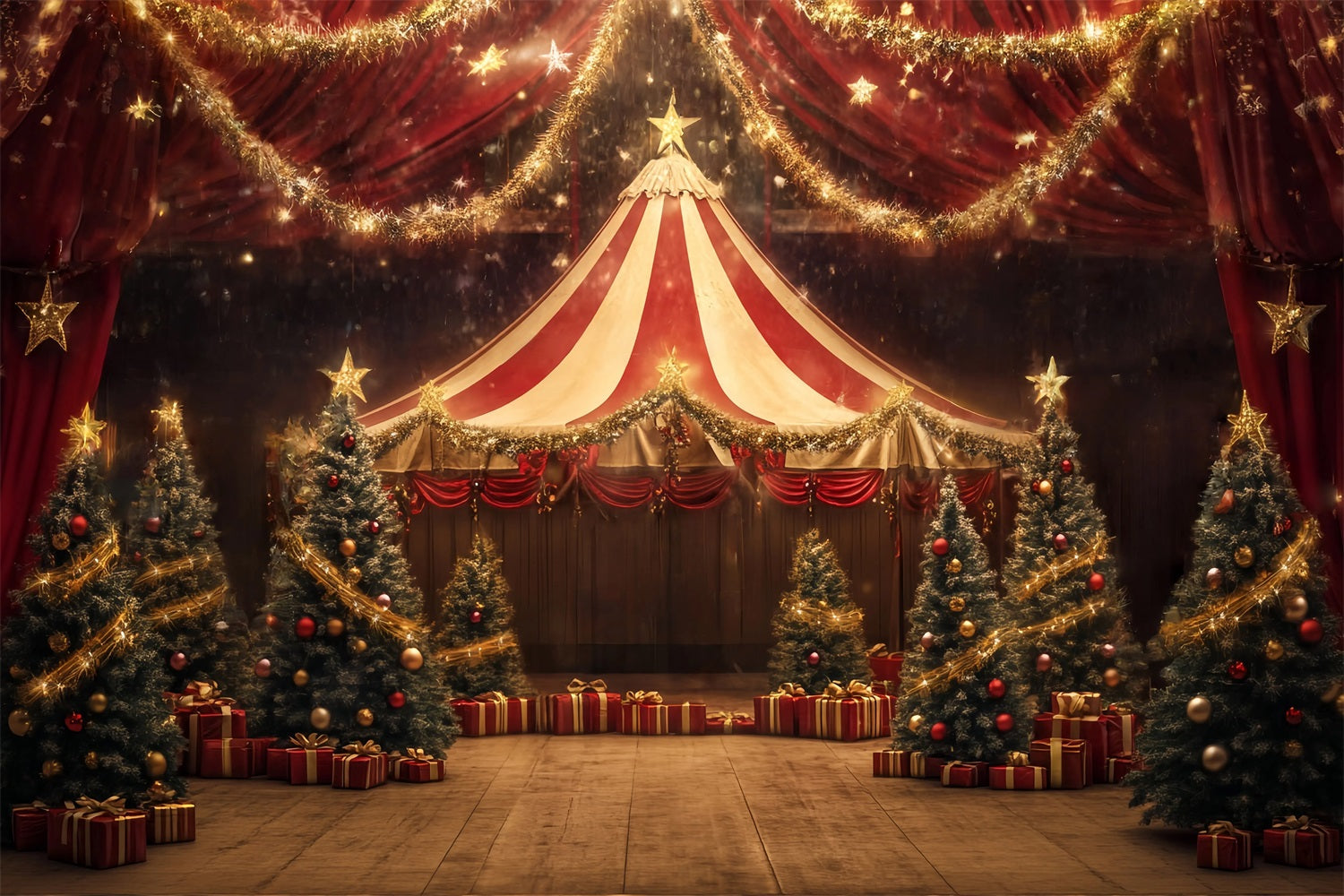 Weihnachtszirkus-Fotohintergrund Goldene Sternengirlande Zirkuszelt Fotografie Zirkusfotohintergrund TWW59-34
