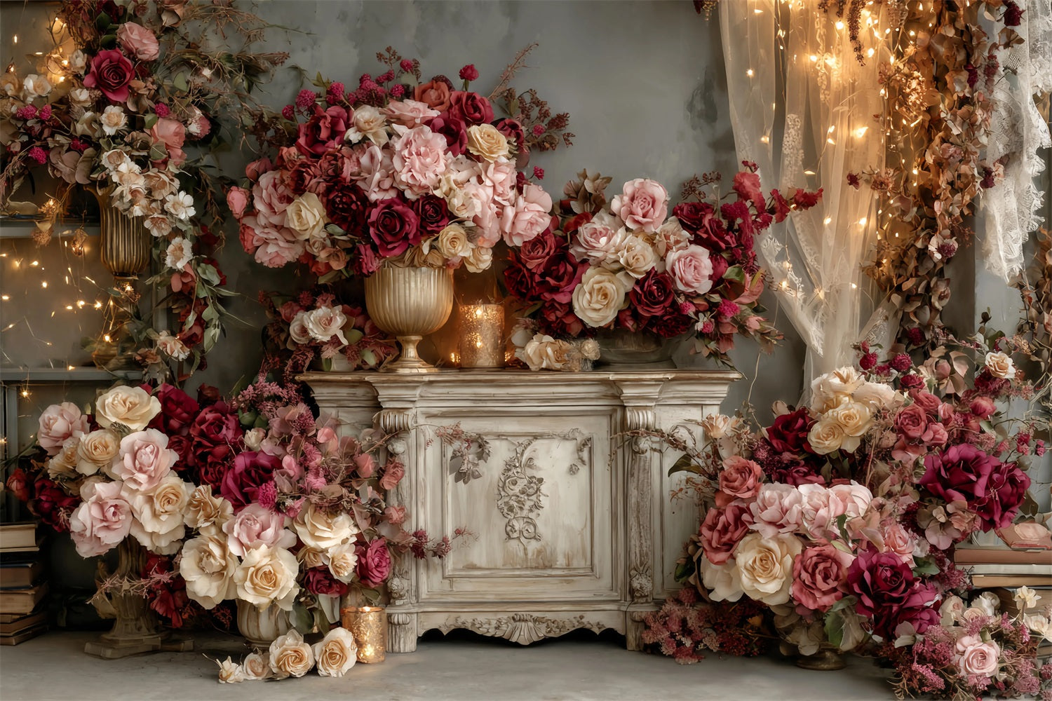 Hochzeits-Vintage-Fotohintergrund Vintage Burgundy Rose Arrangement Hochzeitshintergründe TWW59-36