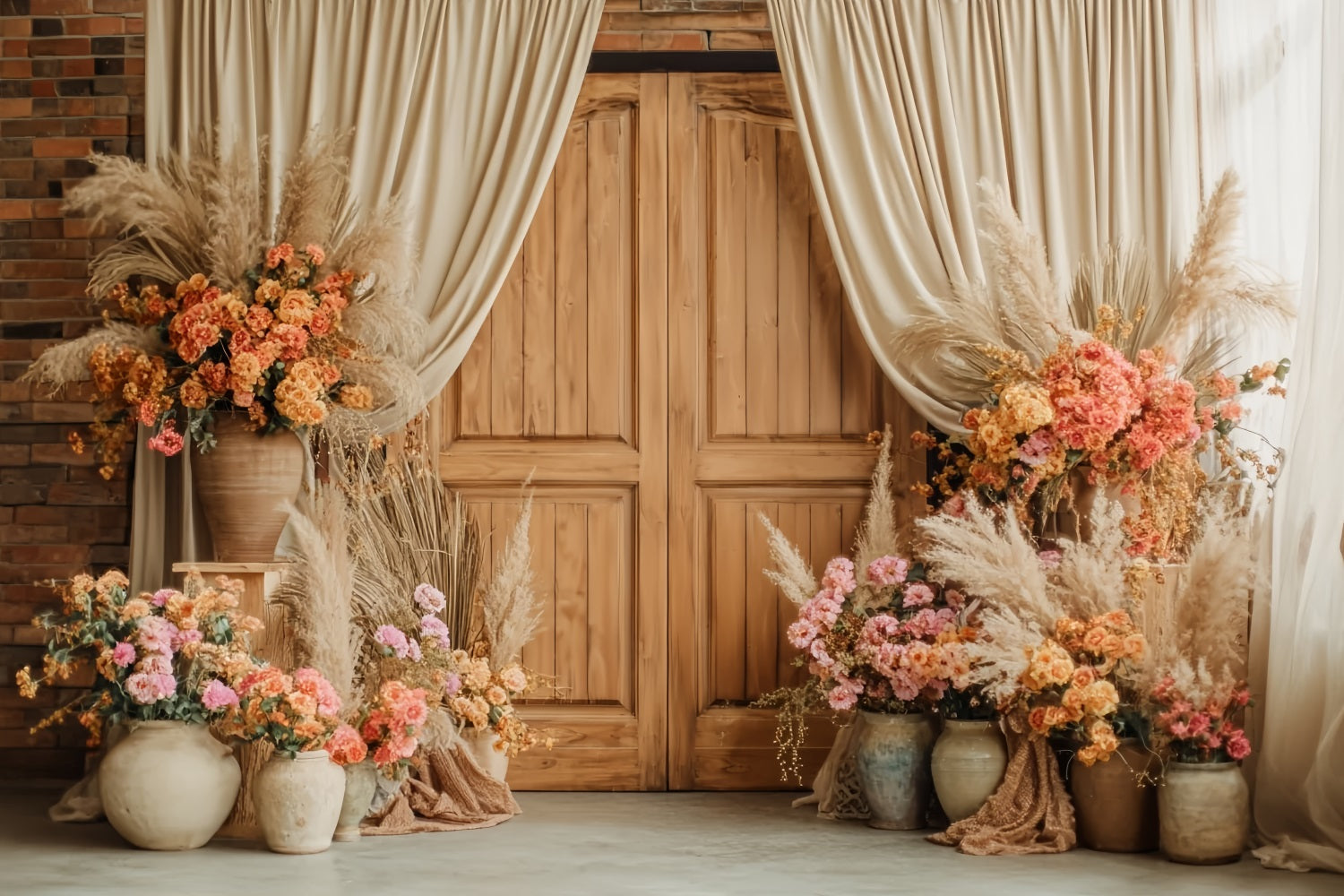 Hochzeits-Rustikal-Fotohintergrund Rustikaler Holztür-Blumenschmuck Hochzeitshintergrund TWW59-38