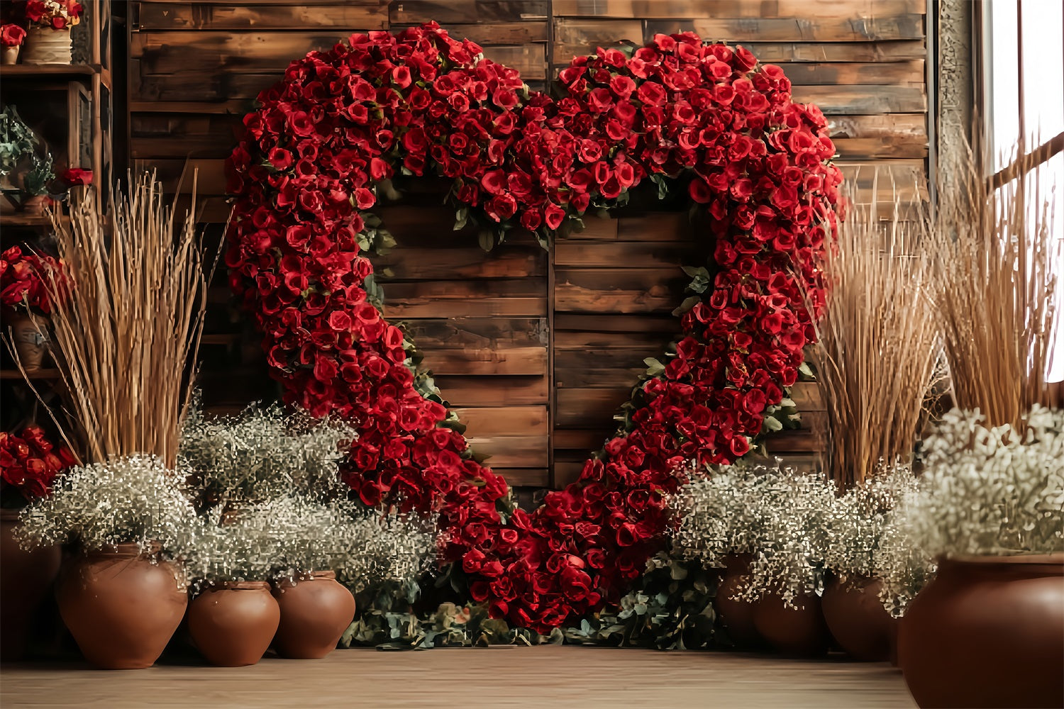 Hochzeit Rustikaler Fotohintergrund Rotes Rosenherz-Arrangement Eleganter Hochzeitskulisse TWW59-39
